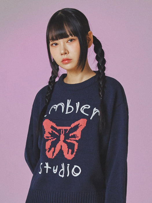 [ambler] Pink butterfly Over fit Crop Sweater AKN402 (Navy)