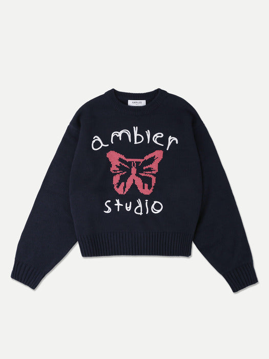 [ambler] Pink butterfly Over fit Crop Sweater AKN402 (Navy)
