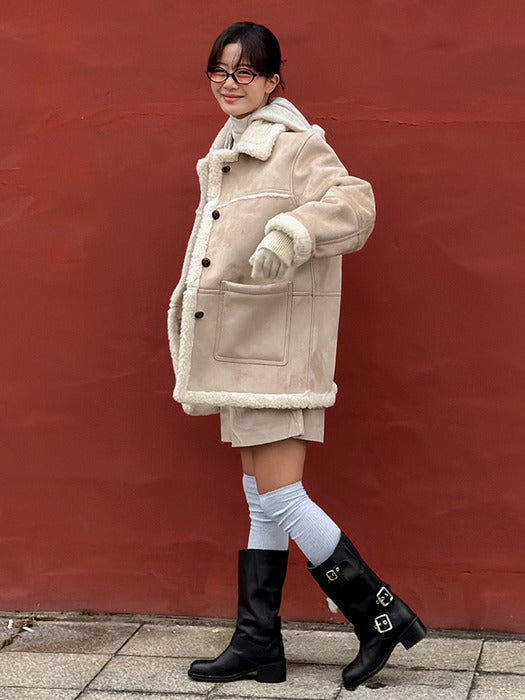 [TILLIDIE] Wool Shearling Collar Suede Mustang Coat_Beige