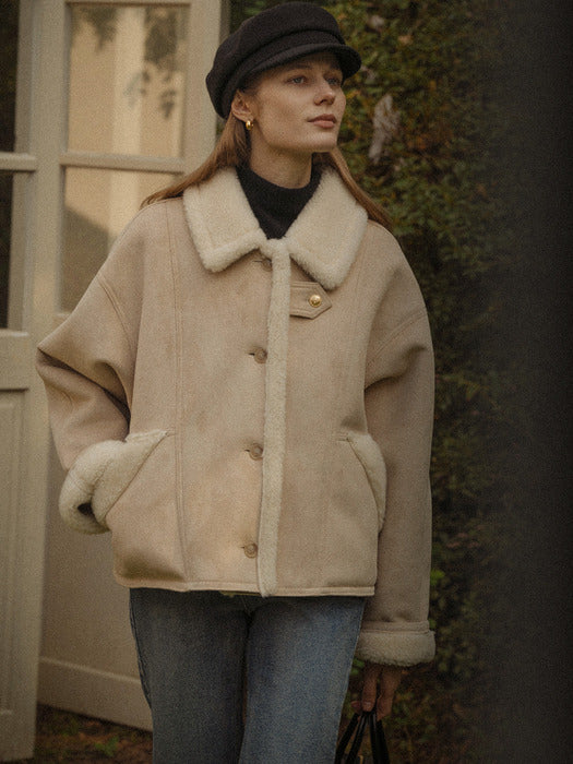 [TILLIDIE] Strap point fur collar suede mustang_Beige