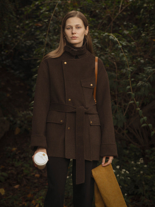 [TILLIDIE] Cashmere hunter strap half coat_Khaki