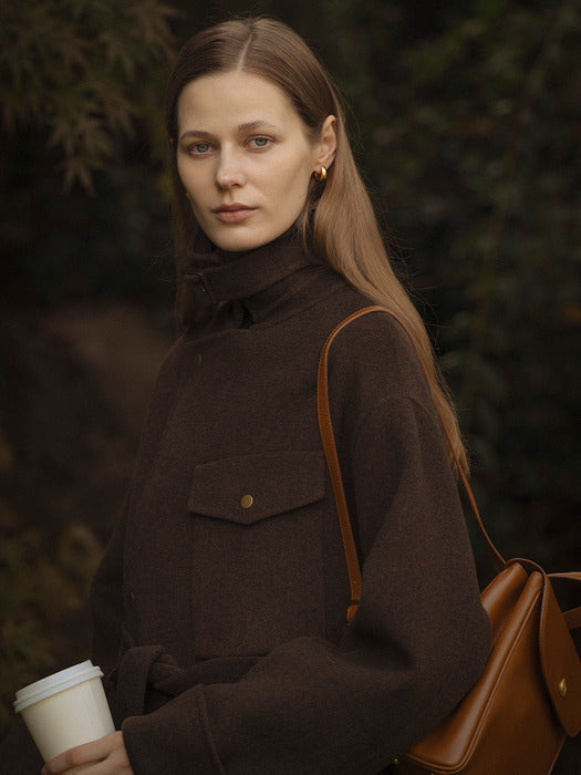 [TILLIDIE] Cashmere hunter strap half coat_Khaki