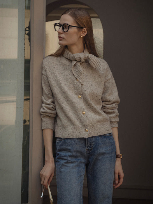 [TILLIDIE] Scarf knit gold button cardigan_Oatmeal