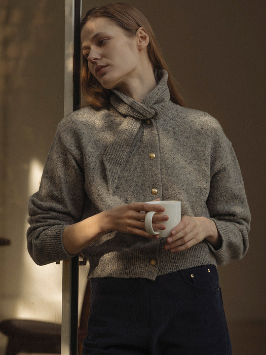 [TILLIDIE] Scarf knit gold button cardigan_Gray