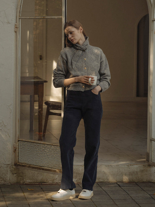 [TILLIDIE] Scarf knit gold button cardigan_Gray