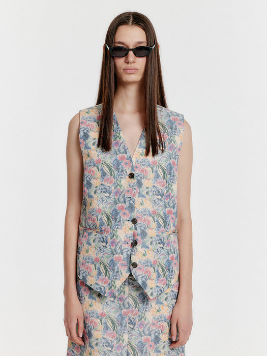 [EENK] Yiva Floral Buttoned Vest - Cream/Blue Multi
