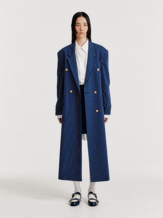 Eenk Yenna Unbalanced Long Jacket - Navy Stripe