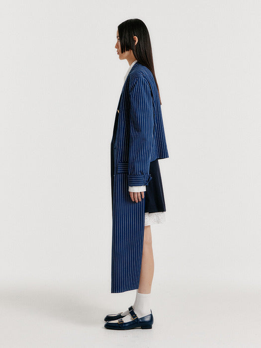 Eenk Yenna Unbalanced Long Jacket - Navy Stripe