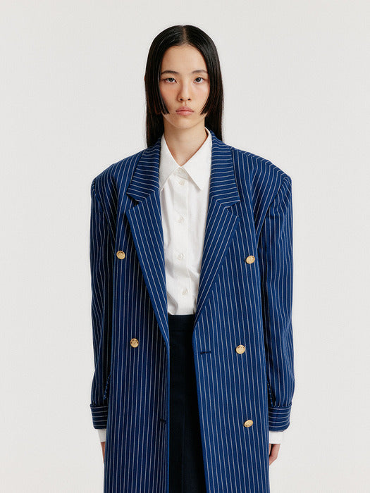 Eenk Yenna Unbalanced Long Jacket - Navy Stripe