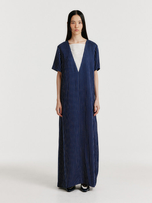 Eenk Yiana Short Sleeve Maxi Dress - Navy Stripe