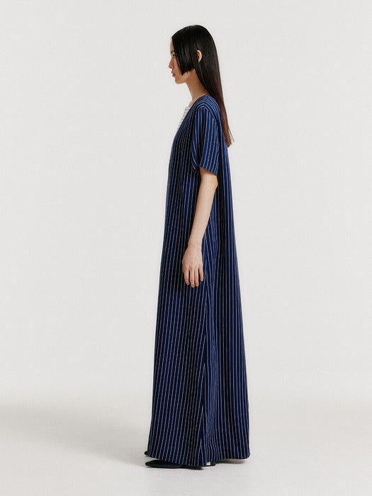 Eenk Yiana Short Sleeve Maxi Dress - Navy Stripe