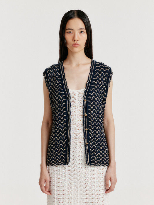 Eenk Yuta Lace Textured Knit Vest - Navy/Cream