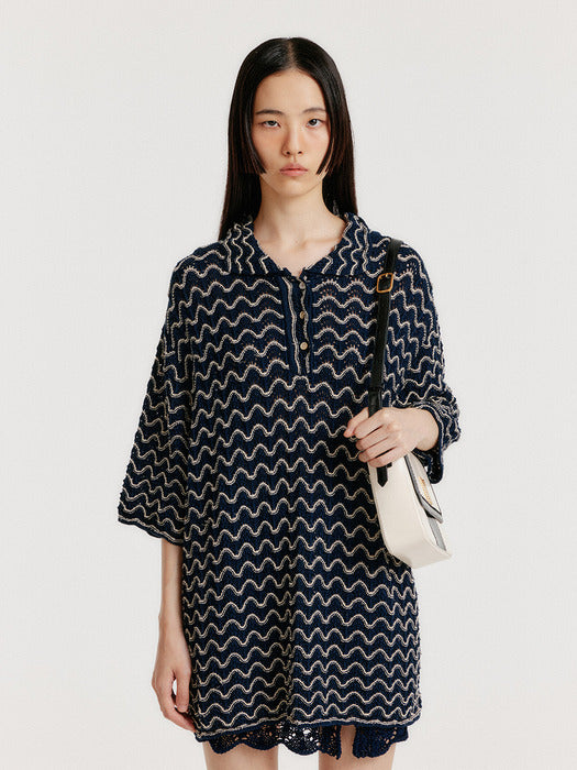 [EENK] Yoyo Lace Textured PK Knit Top - Navy/Cream