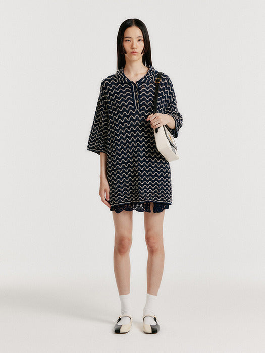 [EENK] Yoyo Lace Textured PK Knit Top - Navy/Cream