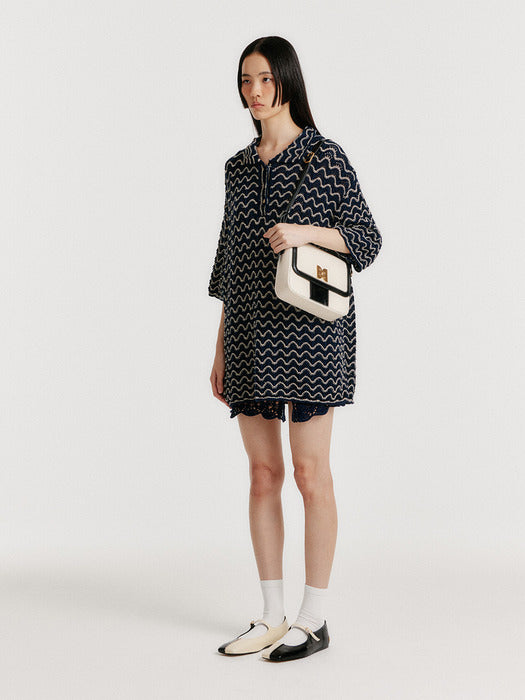[EENK] Yoyo Lace Textured PK Knit Top - Navy/Cream