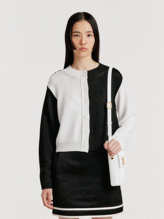 Eenk Yoli Stitched Color Block Knit Cardigan - Black/White