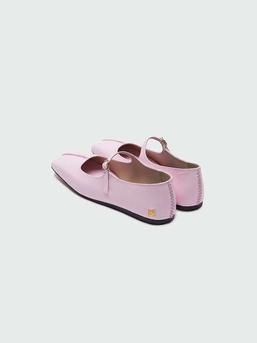 Eenk Yaya Square Toe Stitched Panel Mary-Jane Flats - Light Pink