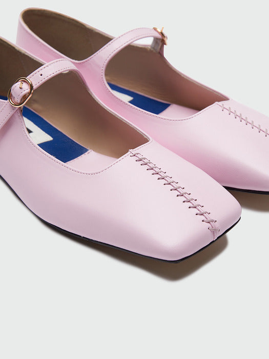 Eenk Yaya Square Toe Stitched Panel Mary-Jane Flats - Light Pink