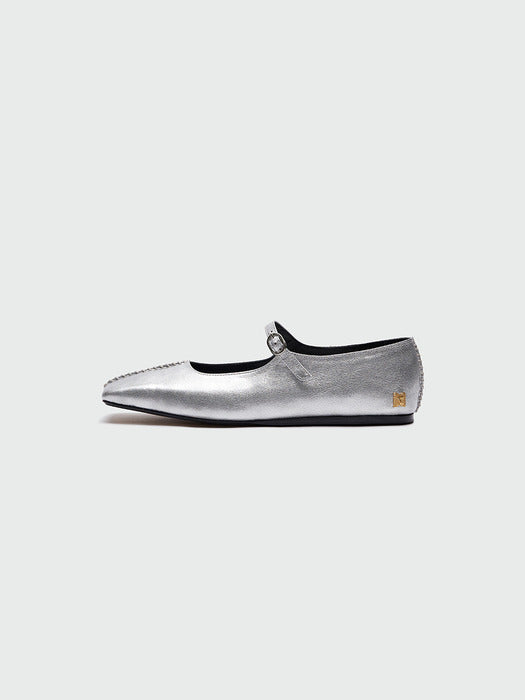 Eenk Yaya Square Toe Stitched Panel Mary Jane Flats - Silver