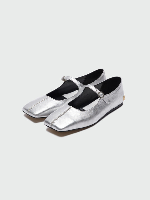 Eenk Yaya Square Toe Stitched Panel Mary Jane Flats - Silver