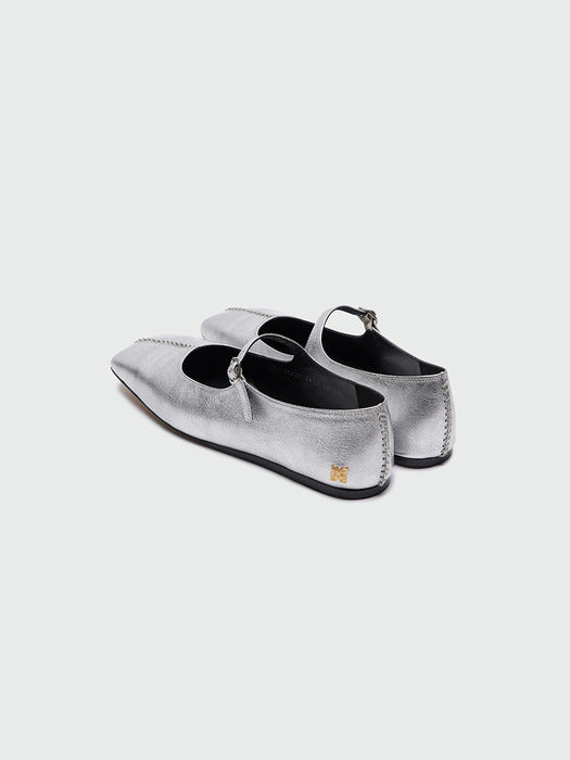 Eenk Yaya Square Toe Stitched Panel Mary Jane Flats - Silver