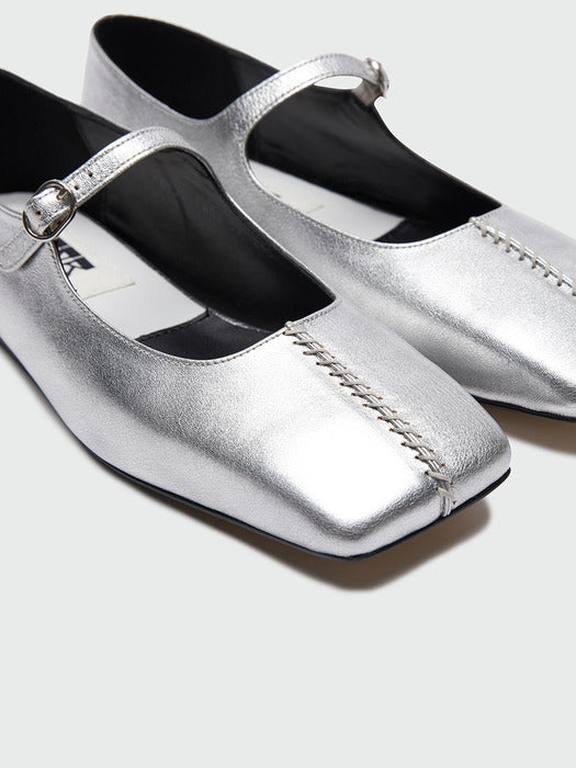 Eenk Yaya Square Toe Stitched Panel Mary Jane Flats - Silver