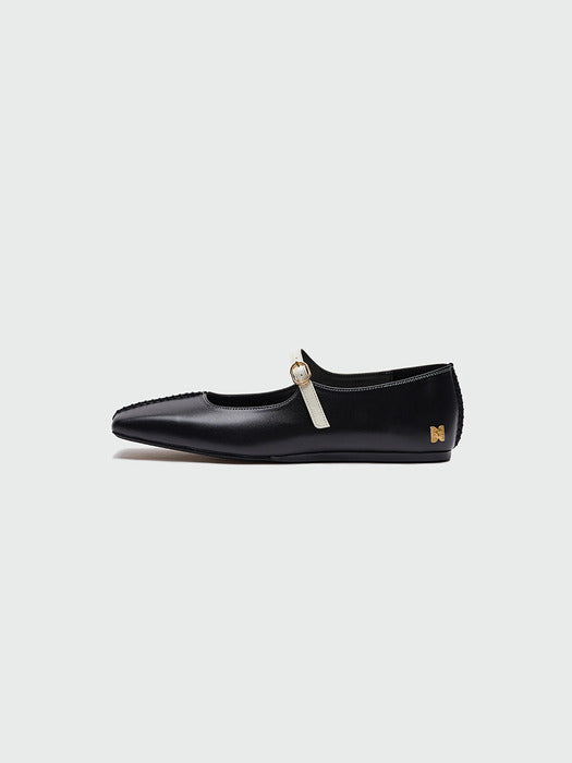 [EENK] Yaya Square Toe Mary Jane Flats - Black/Ivory