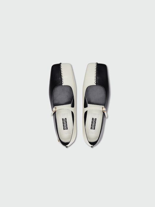 [EENK] Yaya Square Toe Mary Jane Flats - Black/Ivory