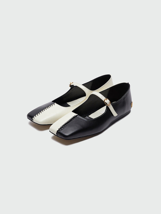[EENK] Yaya Square Toe Mary Jane Flats - Black/Ivory