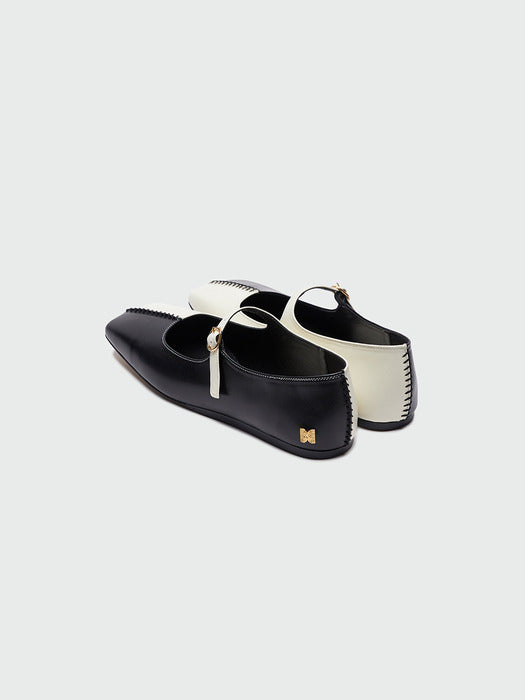 [EENK] Yaya Square Toe Mary Jane Flats - Black/Ivory