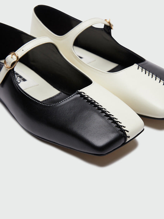 [EENK] Yaya Square Toe Mary Jane Flats - Black/Ivory