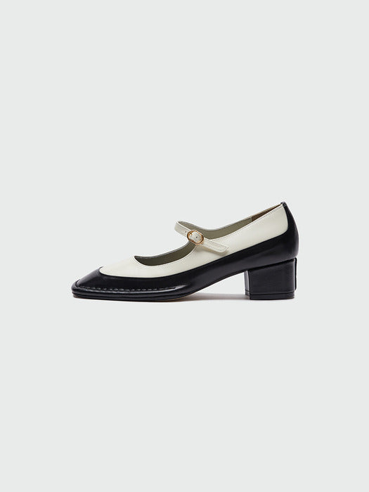 [EENK] Yata Square Toe Mary Jane Heels - Black/Ivory