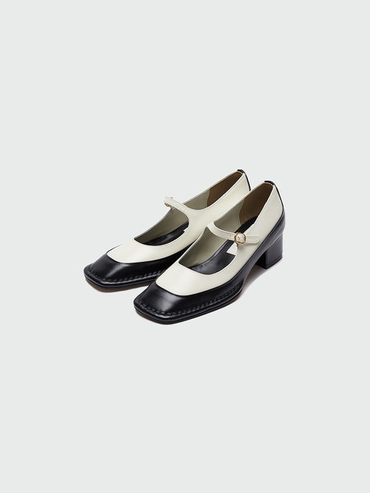 [EENK] Yata Square Toe Mary Jane Heels - Black/Ivory