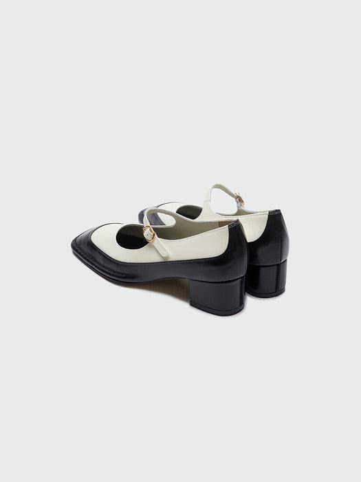 [EENK] Yata Square Toe Mary Jane Heels - Black/Ivory