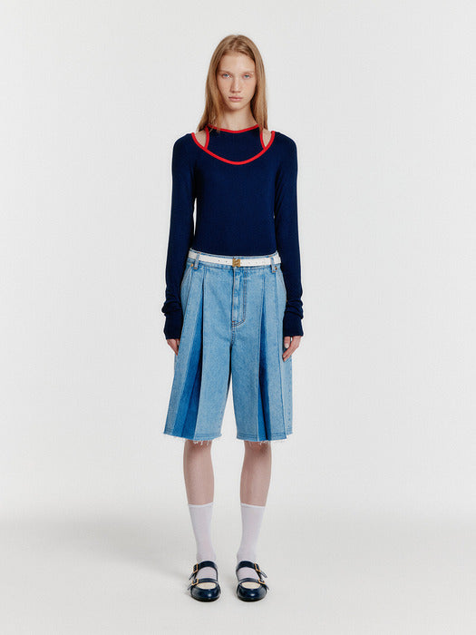 [EENK] Yeco Pleated Denim Bermuda Shorts - Blue