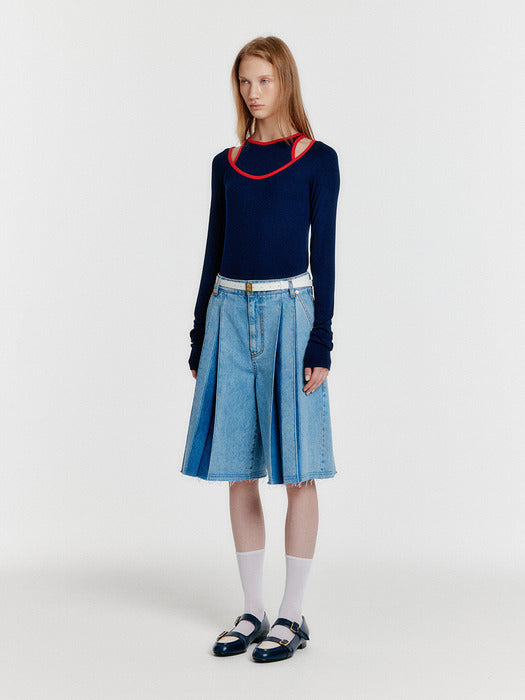 [EENK] Yeco Pleated Denim Bermuda Shorts - Blue
