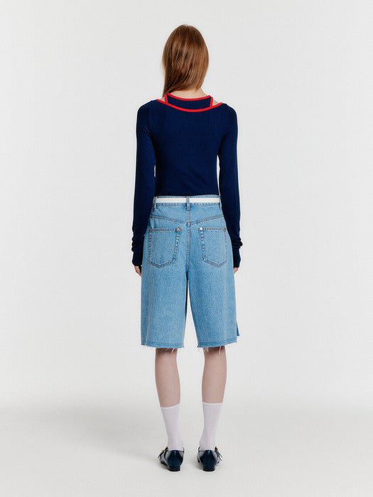 [EENK] Yeco Pleated Denim Bermuda Shorts - Blue