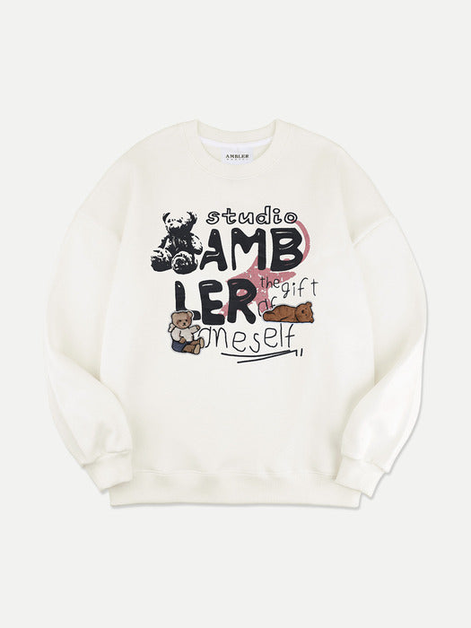 [ambler] Bear Patch Over fit Sweatshirt AMM1205 (Ivory)