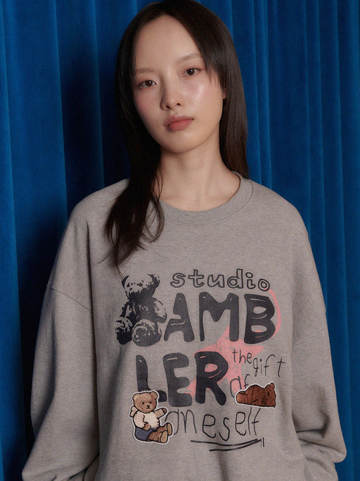 [ambler] Bear Patch Over fit Sweatshirt AMM1205 (Melange)