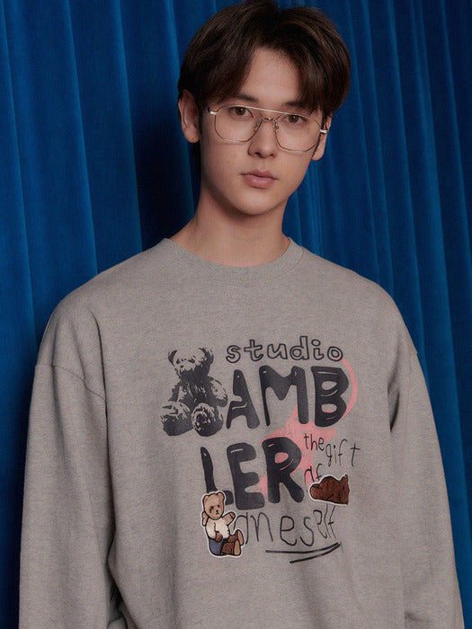 [ambler] Bear Patch Over fit Sweatshirt AMM1205 (Melange)