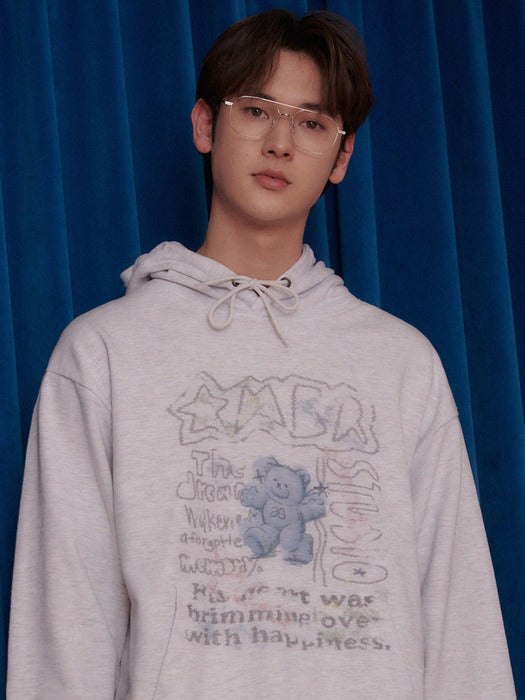 [ambler] Vintage blue bear Over fit Hoodie AHP1101 (White-Melange)