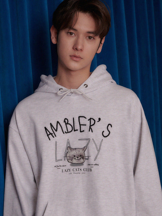 [ambler] Lazy day of cats Over fit Hoodie AHP1106 (White-Melange)