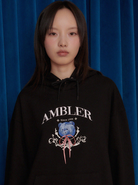 [ambler] Bear loves ribbon Over fit Hoodie AHP1107 (Black)