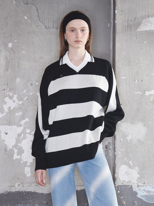 Kijun Striped Knit Rugby Top Unisex Black Cream