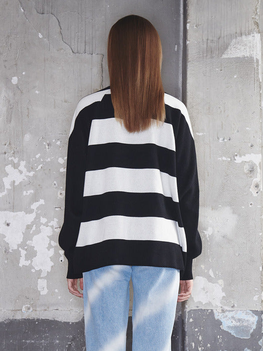 Kijun Striped Knit Rugby Top Unisex Black Cream
