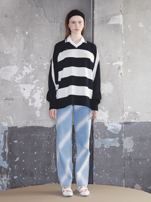 Kijun Striped Knit Rugby Top Unisex Black Cream