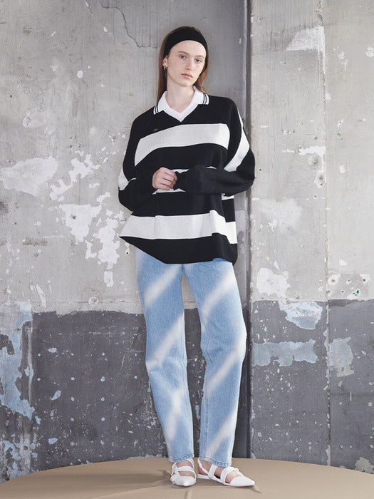Kijun Striped Knit Rugby Top Unisex Black Cream