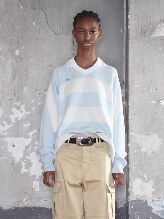 Kijun Striped Knit Rugby Top Unisex Sky Blue Cream