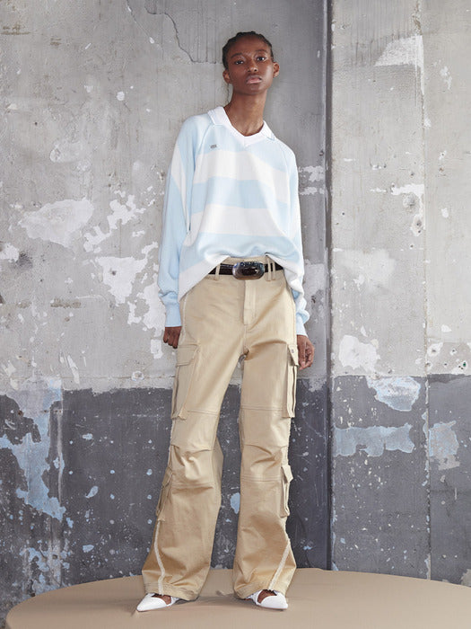 Kijun Striped Knit Rugby Top Unisex Sky Blue Cream