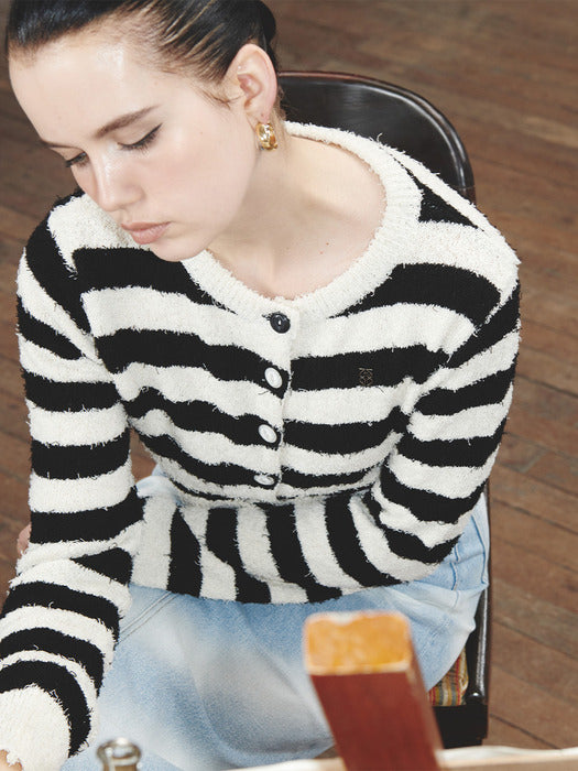 [KIJUN] Striped Knit Cardigan Black Cream